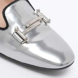 Pre Owned Tod's Silver Leather Double T-Smoking Slippers Size 35.5