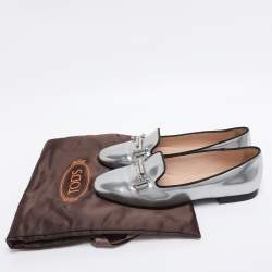 Pre Owned Tod's Silver Leather Double T-Smoking Slippers Size 35.5
