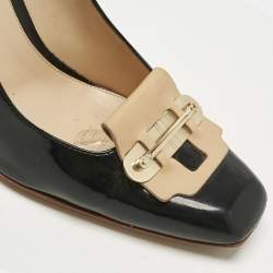 Pre Owned Tod's Black/Beige Patent Leather and Leather Block Heel Square Toe Pumps Size 39