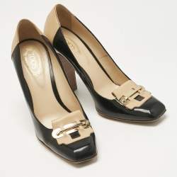 Pre Owned Tod's Black/Beige Patent Leather and Leather Block Heel Square Toe Pumps Size 39