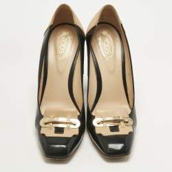 Pre Owned Tod's Black/Beige Patent Leather and Leather Block Heel Square Toe Pumps Size 39