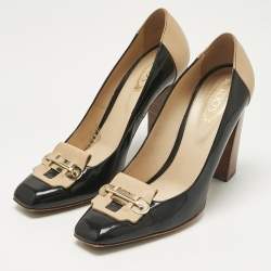 Pre Owned Tod's Black/Beige Patent Leather and Leather Block Heel Square Toe Pumps Size 39