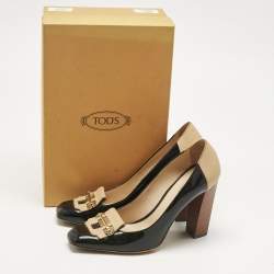 Pre Owned Tod's Black/Beige Patent Leather and Leather Block Heel Square Toe Pumps Size 39