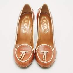 Pre Owned Tod's Brown/Cream Leather Loafer Pumps Size 37
