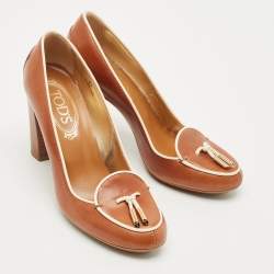 Pre Owned Tod's Brown/Cream Leather Loafer Pumps Size 37