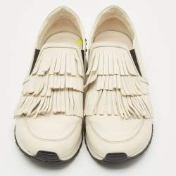 Pre Owned Tod's Cream Leather Fringe Slip On Sneakers Size 38.5