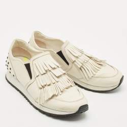 Pre Owned Tod's Cream Leather Fringe Slip On Sneakers Size 38.5