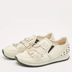 Pre Owned Tod's Cream Leather Fringe Slip On Sneakers Size 38.5