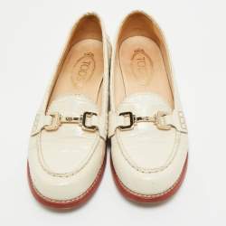Pre Owned Tod's Cream Croc Embossed Leather Slip On Loafers Size 40