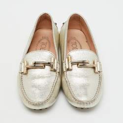 Pre Owned Tod's Silver Leather Double T Slip On Loafers Size 35