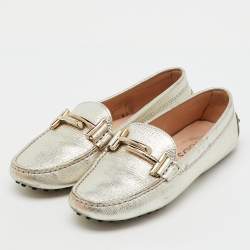Pre Owned Tod's Silver Leather Double T Slip On Loafers Size 35