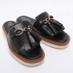 Pre Owned Tod's Black Leather Tassel Fringe Detail Platform Slide Sandals Size 38