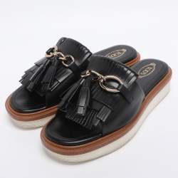 Pre Owned Tod's Black Leather Tassel Fringe Detail Platform Slide Sandals Size 38