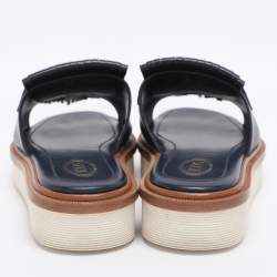 Pre Owned Tod's Navy Blue Leather Tassel Fringe Detail Platform Slide Sandals Size 36