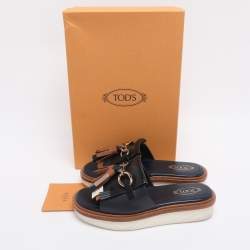 Pre Owned Tod's Navy Blue Leather Tassel Fringe Detail Platform Slide Sandals Size 36