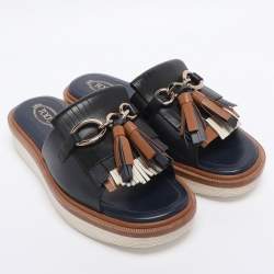 Pre Owned Tod's Navy Blue Leather Tassel Fringe Detail Platform Slide Sandals Size 36