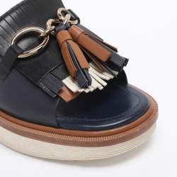 Pre Owned Tod's Navy Blue Leather Tassel Fringe Detail Platform Slide Sandals Size 36
