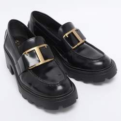 Pre Owned Tod's Black Patent Leather Buckle Loafers Size 35.5