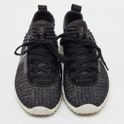 Pre Owned Tod's Metallic Black Lurex Fabric and Suede T Print Sneakers Size 36
