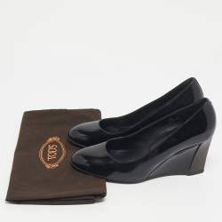 Pre Owned Tod's Black Patent Leather Round Toe Wedge Pumps Size 36