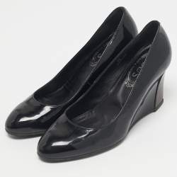 Pre Owned Tod's Black Patent Leather Round Toe Wedge Pumps Size 36