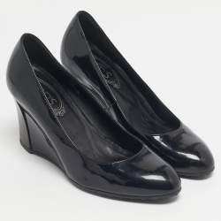 Pre Owned Tod's Black Patent Leather Round Toe Wedge Pumps Size 36
