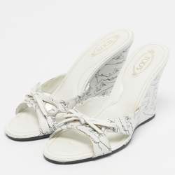 Pre Owned Tod's White/White Leather Bow  Wedge Sandals Size 37