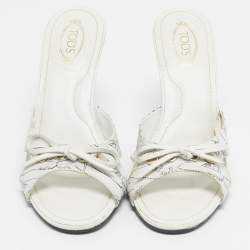 Pre Owned Tod's White/White Leather Bow  Wedge Sandals Size 37