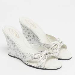 Pre Owned Tod's White/White Leather Bow  Wedge Sandals Size 37