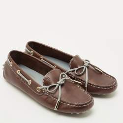 Pre Owned Tod's Brown Leather Gommino Bow Slip On Loafers Size 35.5