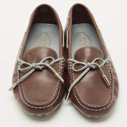 Pre Owned Tod's Brown Leather Gommino Bow Slip On Loafers Size 35.5
