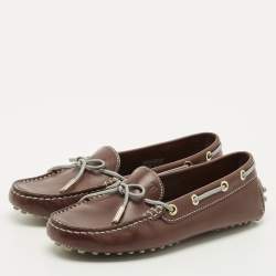 Pre Owned Tod's Brown Leather Gommino Bow Slip On Loafers Size 35.5