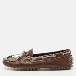 Pre Owned Tod's Brown Leather Gommino Bow Slip On Loafers Size 35.5
