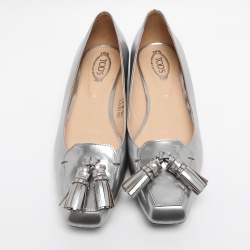 Pre Owned Tod's Silver Leather Fringes Loafers Size 39.5