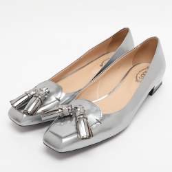 Pre Owned Tod's Silver Leather Fringes Loafers Size 39.5