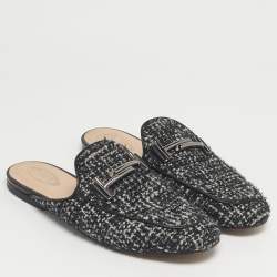 Pre Owned Tod's Black Tweed Double T Flat Mules Size 37