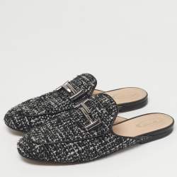Pre Owned Tod's Black Tweed Double T Flat Mules Size 37