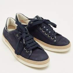 Pre Owned Tod's Navy Blue Nubuck Leather and Patent Leather Lace Up Sneakers Size 36