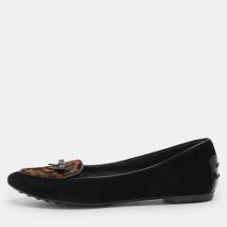 Pre Owned Tod's Black Leopard Print Calf Hair and Suede Bow Ballet Flats Size 36