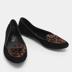 Pre Owned Tod's Black Leopard Print Calf Hair and Suede Bow Ballet Flats Size 36