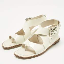 Pre Owned Tod's White Patent Leather Cross Strap Flat Sandals Size 36.5