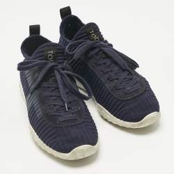 Pre Owned Tod's Navy Blue Knit Fabric and Suede Sportiva Low Top Sneakers Size 38.5