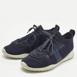 Pre Owned Tod's Navy Blue Knit Fabric and Suede Sportiva Low Top Sneakers Size 38.5