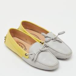 Pre Owned Tod's Yellow/Grey Leather and Patent Bow Slip On Loafers Size 36