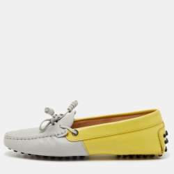 Pre Owned Tod's Yellow/Grey Leather and Patent Bow Slip On Loafers Size 36