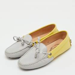 Pre Owned Tod's Yellow/Grey Leather and Patent Bow Slip On Loafers Size 36