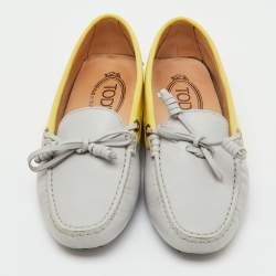 Pre Owned Tod's Yellow/Grey Leather and Patent Bow Slip On Loafers Size 36