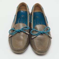 Pre Owned Tod's Grey/Blue Leather Gommino Bow Slip On Loafers Size 36