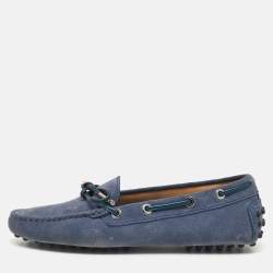 Pre Owned Tod's Blue Suede Gommino Bow Slip On Loafers Size 36