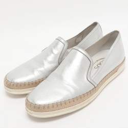 Pre Owned Tod's Metallic Silver Leather Pantofola Espadrille Slip On Sneakers Size 39
